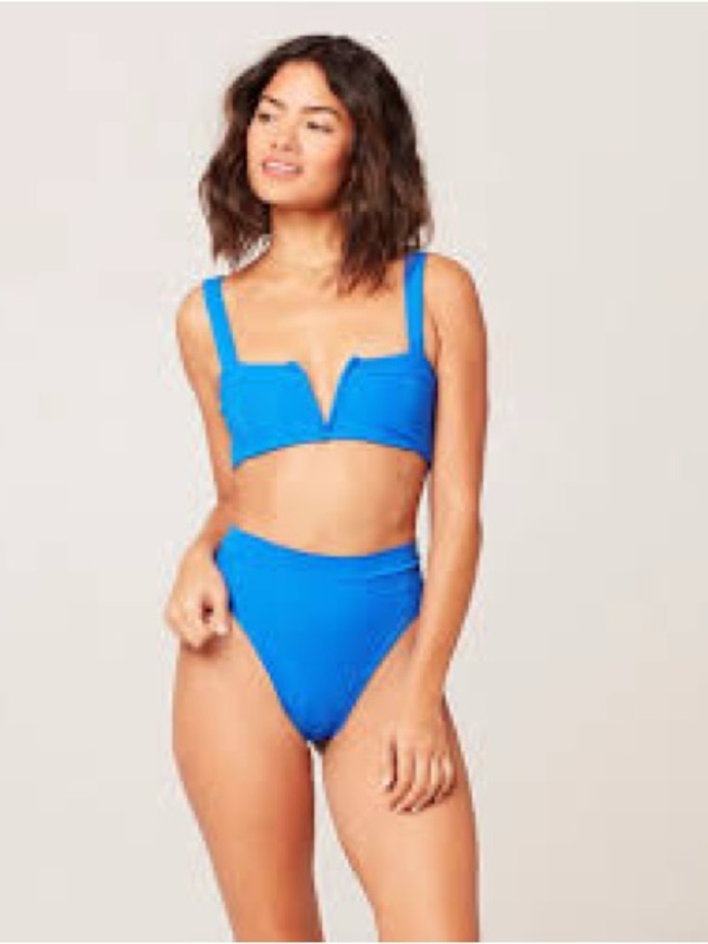 l*space Bright Blue V-Notch High-Waist Bikini, Top is a D and bottoms are Small